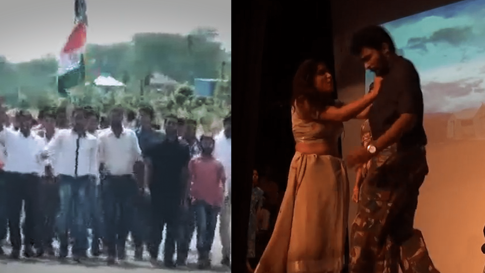 The play ‘Draupadi’ (right) and the ensuing protests at Central University of Haryana at Mahendragarh, Haryana (left). (Photo altered by<b> The Quint)</b>