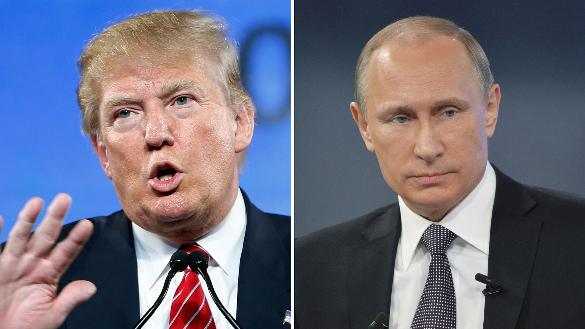 Donald Trump (L) and Vladimir Putin. (Photo: Reuters/Altered by <b>The Quint</b>)