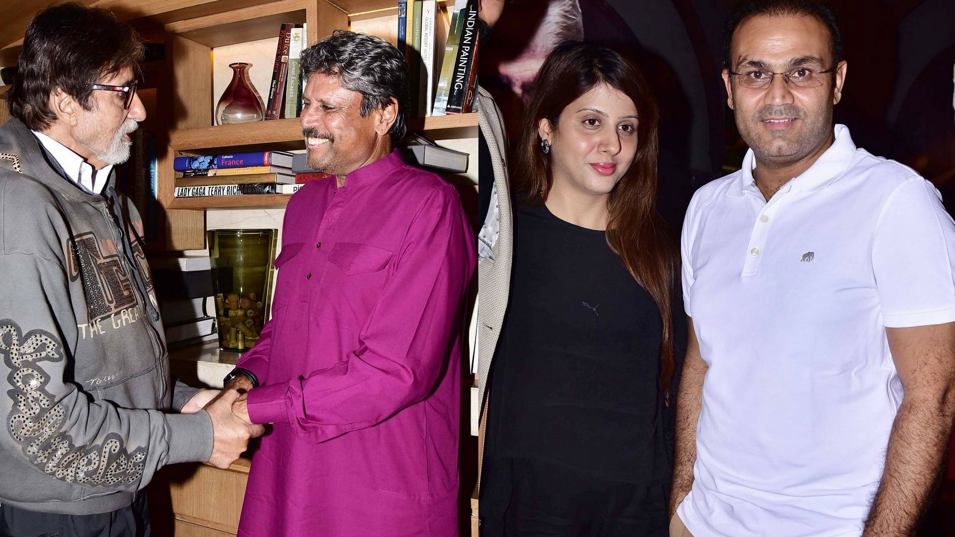 Amitabh Bachchan with Kapil Dev and cricketer Virender Sehwag with wife Aarti at the party. (Photo: Yogen Shah)