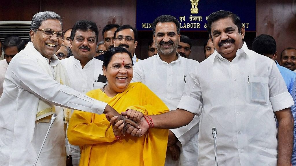  Uma Bharti (centre) during a meeting on Cauvery issue with Siddaramaiah and PWD Minister  of Tamil Nadu, Edappadi K Palanisamy, in New Delhi. (Photo: PTI)