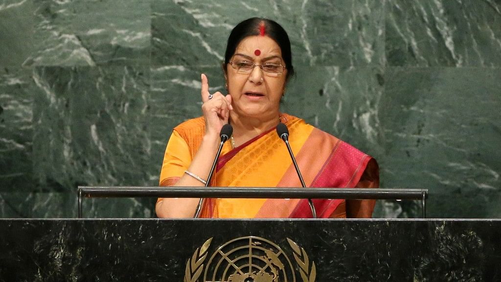 Minister of External Affairs Sushma Swaraj speaks during the 71st session of the United Nations General Assembly. (Photo: AP)