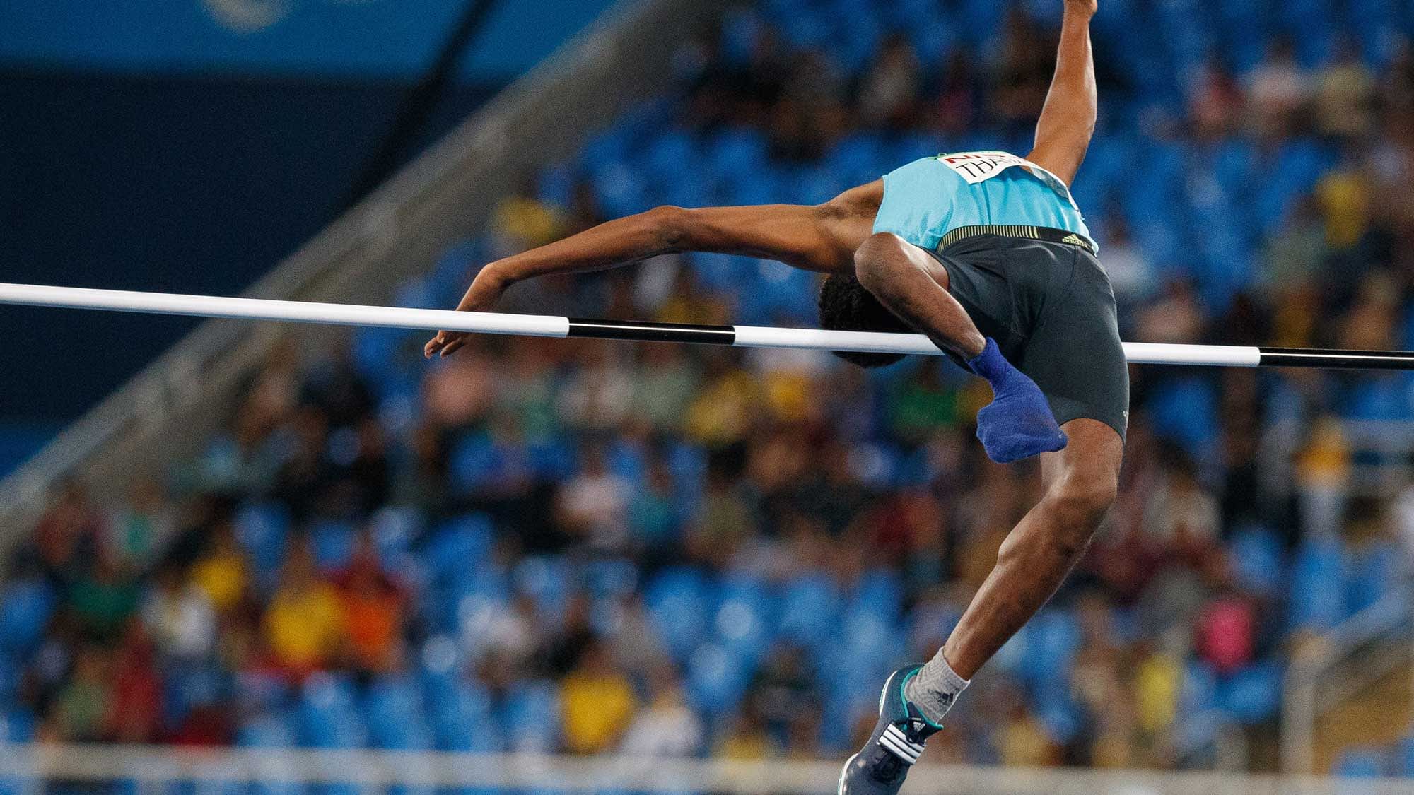 India’s Mariyappan Thangavelu jumps to win the gold in the men’s final high jump T42 event at Olympic Stadium during the Paralympic Games. (Photo: AP)<a></a>