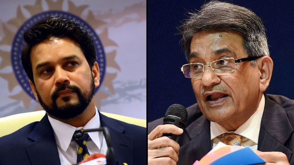 Anurag Thakur (L) and Justice RM Lodha (R). (Photo: Altered by <b>The Quint)</b>