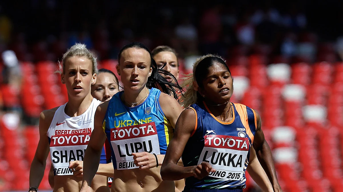 India’s Tintu Lukka, right, Ukraine’s Natalia Lupu, middle, and Britain’s Lynsey Sharp compete in a women’s 800m round one heat at the World Athletics Championships. (Photo: AP)