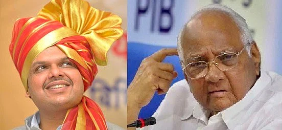 Maharashtra CM Devendra Fadnavis and NCP Chief Sharad Pawar. (Images altered by <b>The Quint</b>)