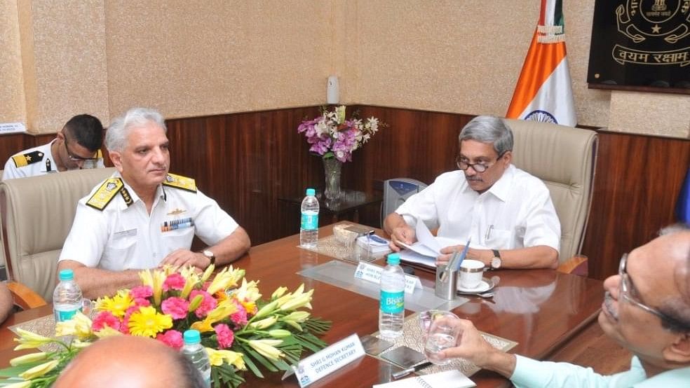 Defence Minister Manohar Parrikar with DG Indian Coast Guard Rajendra Singh and Defence Secretary G Mohan Kumar at the 35th Commanders’ Conference. (Photo: IANS)
