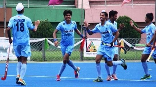 Indian players celebrate after scoring a goal against Bangladesh in the final of the Under-18 Asia Cup. (Photo: Twitter/<a href="https://twitter.com/DDNewsLive">@Doordarshan News</a>)