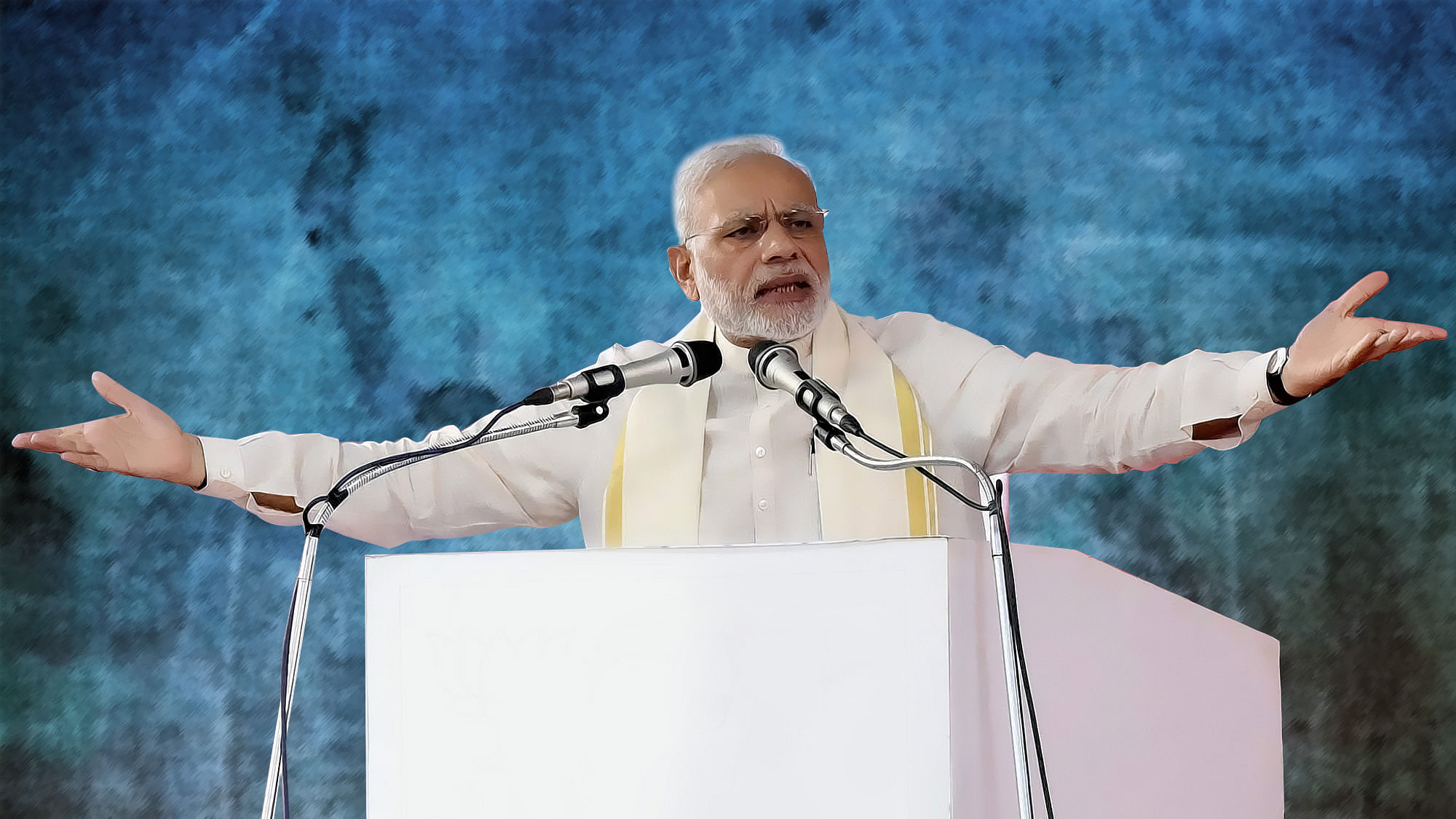 Prime Minister Narendra Modi addressing a public rally at the BJP National council meeting at Kozhikode, 24 September, 2016. (Photo: PTI/ Altered by <b>The Quint</b>)