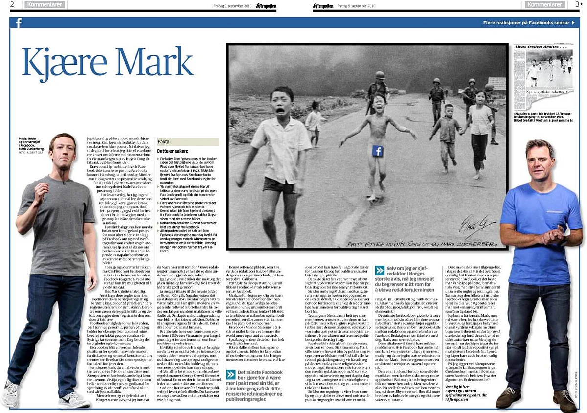 The article in <i>Aftenposten </i>criticising Facebook’s move. (Photo Courtesy: Facebook/<a href="https://www.facebook.com/photo.php?fbid=10153729338972750&set=pcb.10153729343842750&type=3&theater">Tom Egeland</a>)