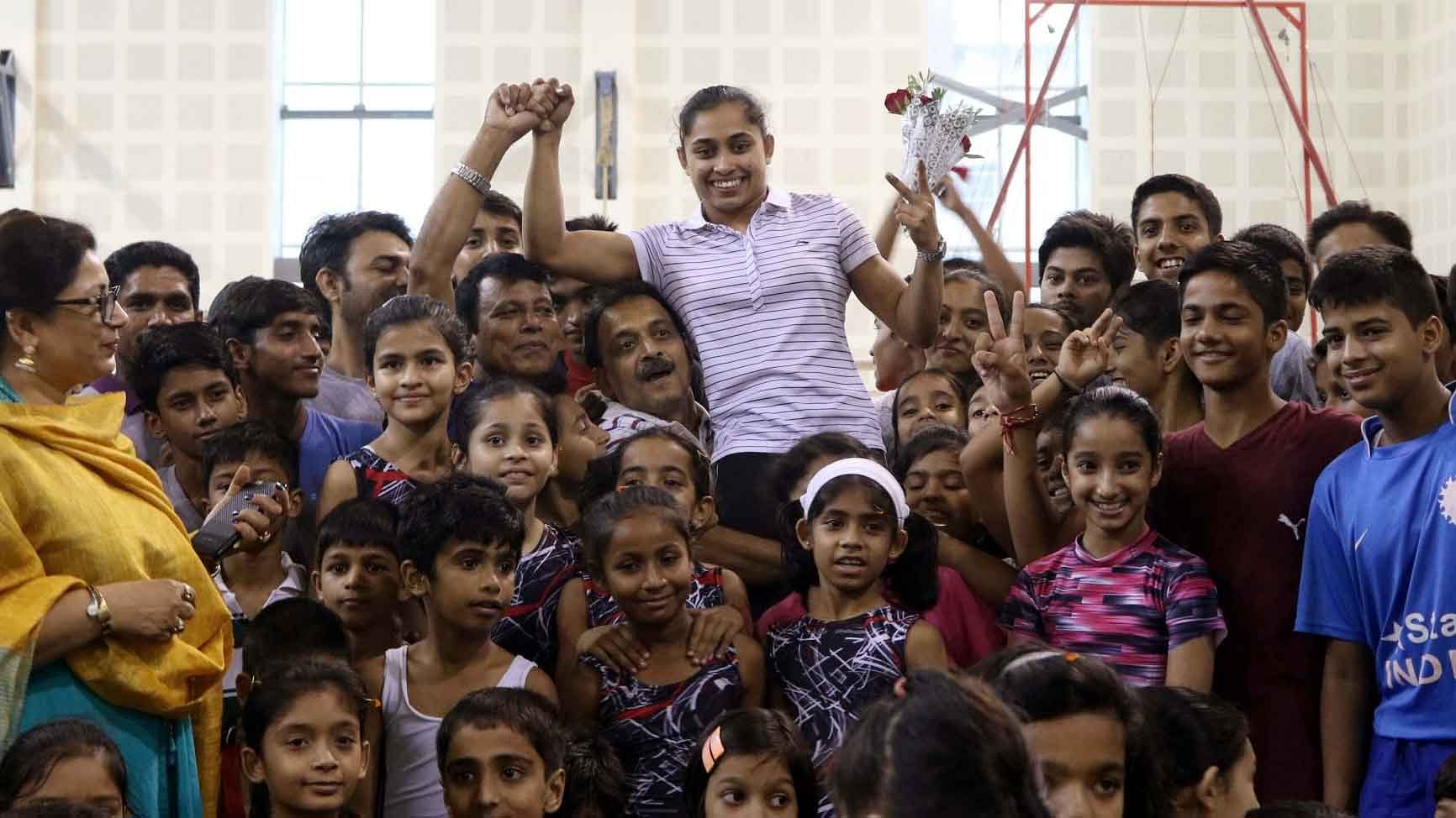 Indian gymnast Dipa Karmakar welcomed by budding athletes at IG stadium after her return from Rio 2016 Olympics. (Photo: IANS)