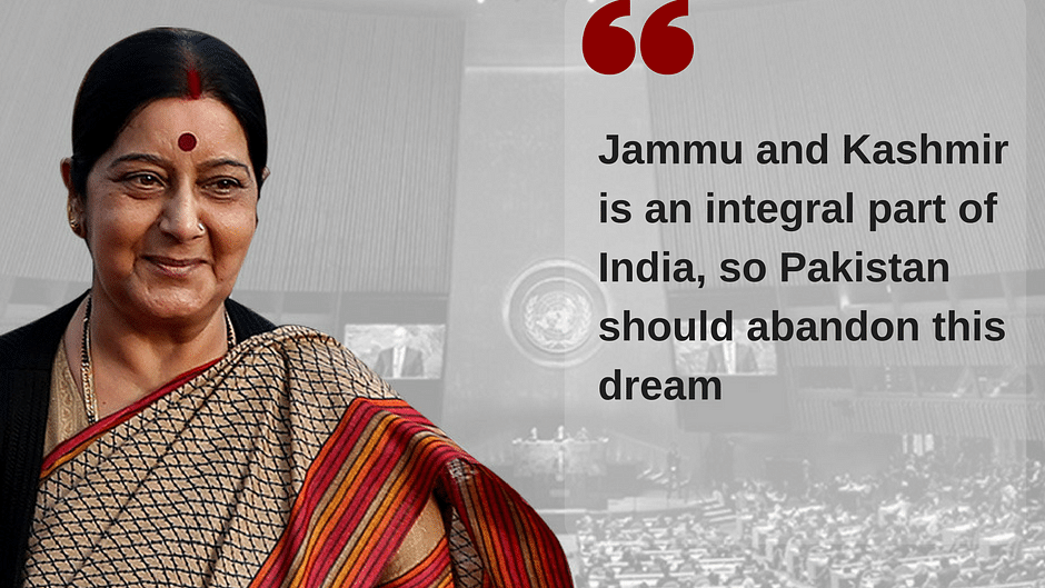 Sushma Swaraj, Minister of External Affairs for India, speaks during the 71st session of the United Nations General Assembly at UN headquarters. (Photo: <b>The Quint</b>)
