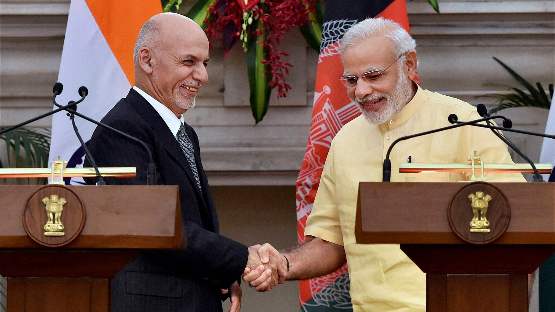 PM Narendra Modi and the President of Afghanistan during the exchange of agreements between India and Afghanistan, at Hyderabad House, in New Delhi  on Wednesday. (Photo: PTI)