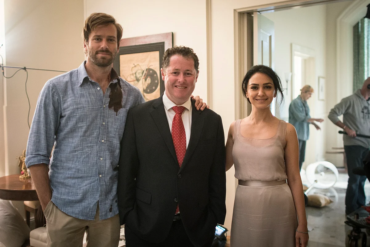Actors Armie Hammer (left) and Nazanin Boniadi (right) with Minister Jack Snelling. (Photo: Sam Oster)