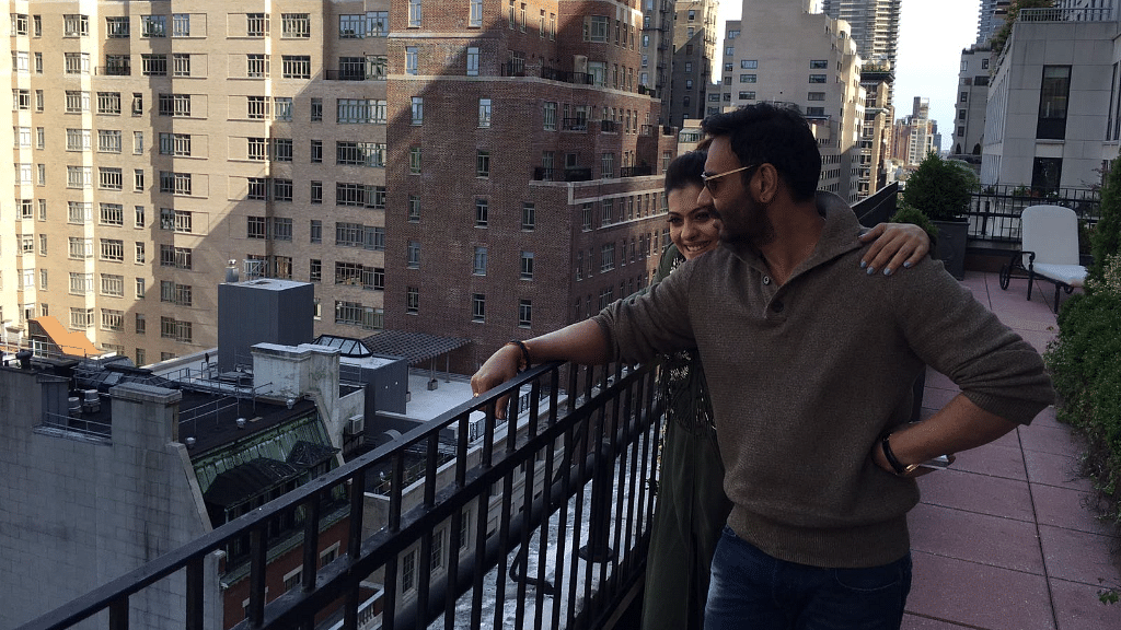 Ajay Devgn and Kajol during a promotional tour of <i>Shivaay </i>in NYC. (Photo courtesy: <a href="https://twitter.com/ajaydevgn">Twitter/ @ajaydevgn</a>)