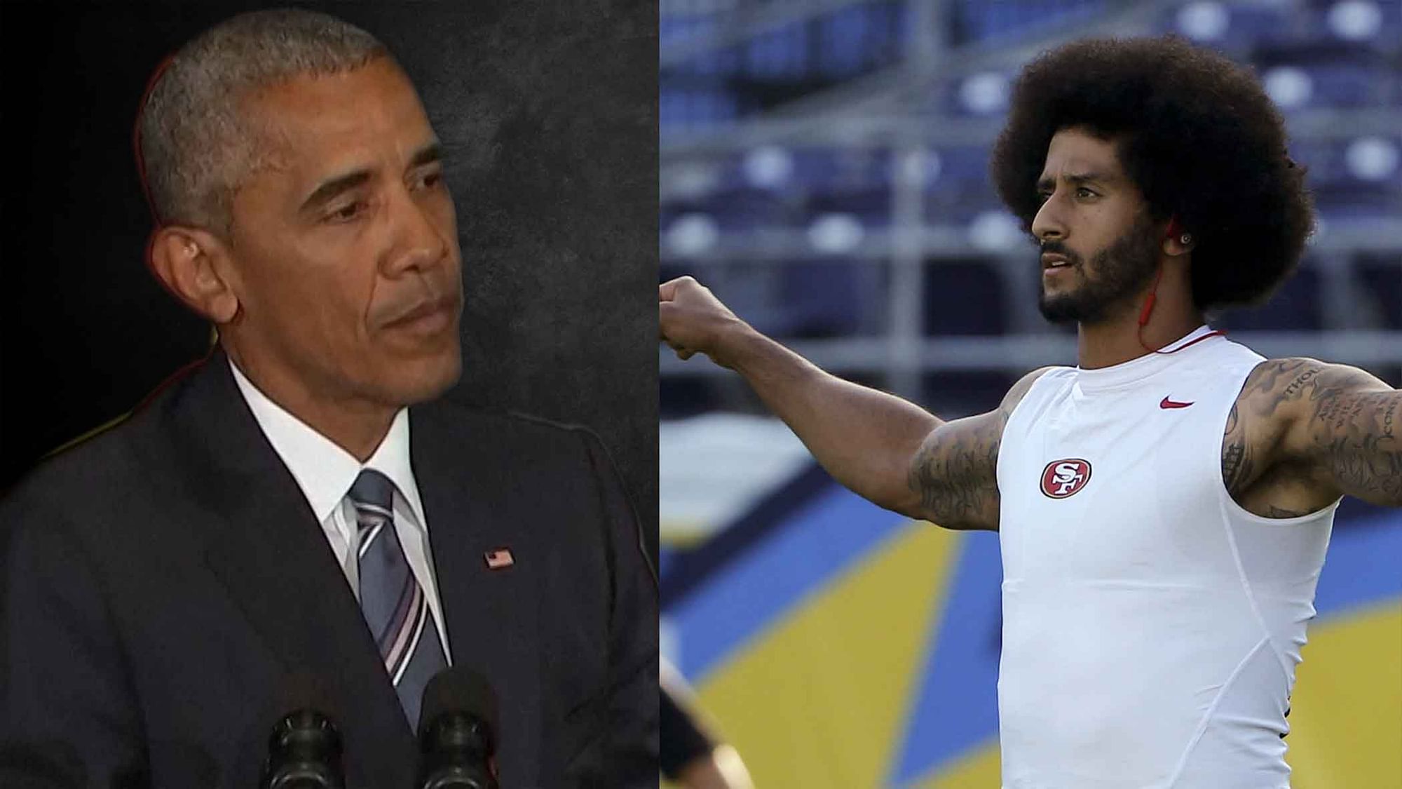 US President Barack Obama and NFL player Colin Kaepernick. (Photo Altered by <b>The Quint</b>)