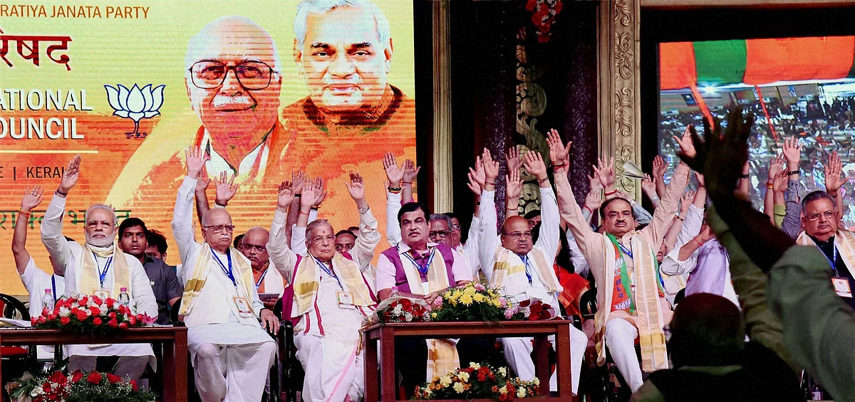 Prime Minister Narendra Modi along with senior BJP leaders during BJP’s National Council Meeting at Kozhikode. (Photo: PTI)