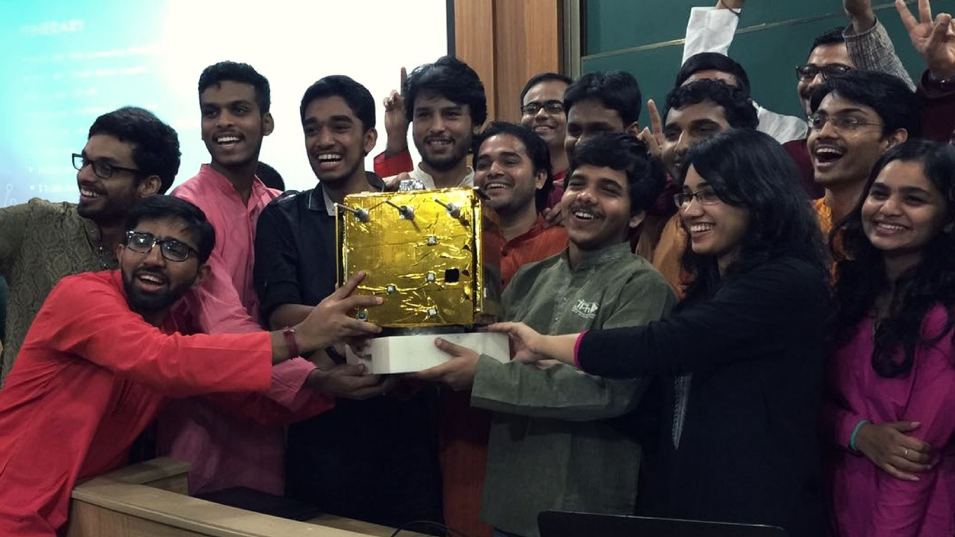 Team ‘Pratham’ poses with a prototype of the satellite at IIT Bombay. (Photo courtesy: IIT Bombay)&nbsp;