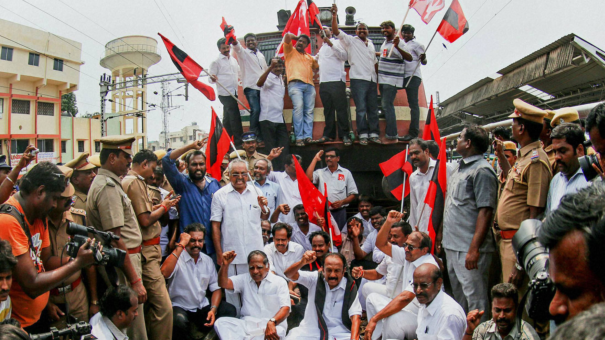 On Monday, the opposition parties staged a protest demanding the constitution of a Cauvery management board.