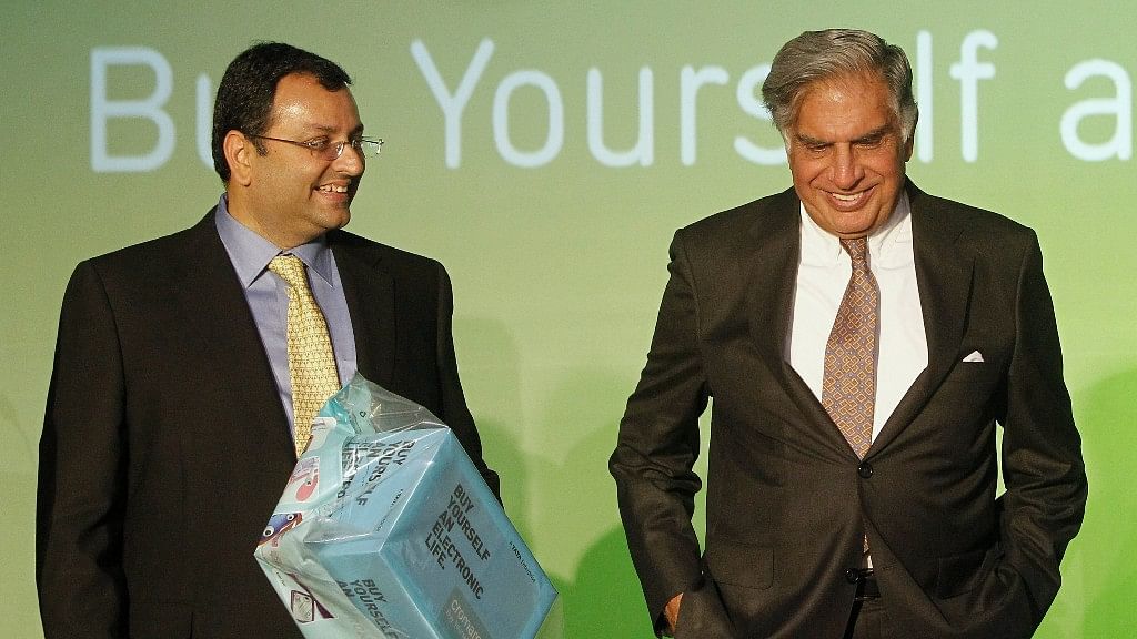 Tata Group Chairman Ratan Tata (R) and Deputy Chairman Cyrus Mistry attend the launch of a new website,  part of the Tata Group, in Mumbai on 23 April 2012.&nbsp;