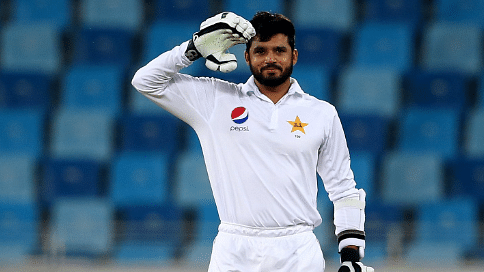 Azhar Ali celebrates after bringing up his double hundred in the first test match against West Indies in Dubai. (Photo Courtesy: Twitter/<a href="https://twitter.com/ICC">@ICC</a>)