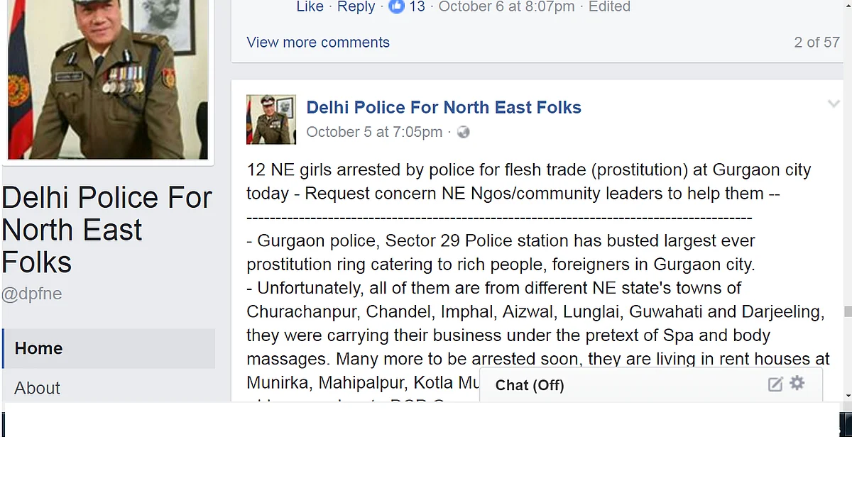 Screenshot of the ‘Delhi Police for North East Folks’ Facebook page taken on 5 October 2016. (Photo: Facebook/ <a href="https://www.facebook.com/dpfne/">Delhi Police for North East Folks</a>)
