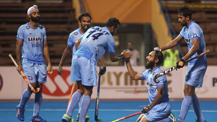 The Indian team celebrate a goal against China. (Photo: Hockey India)