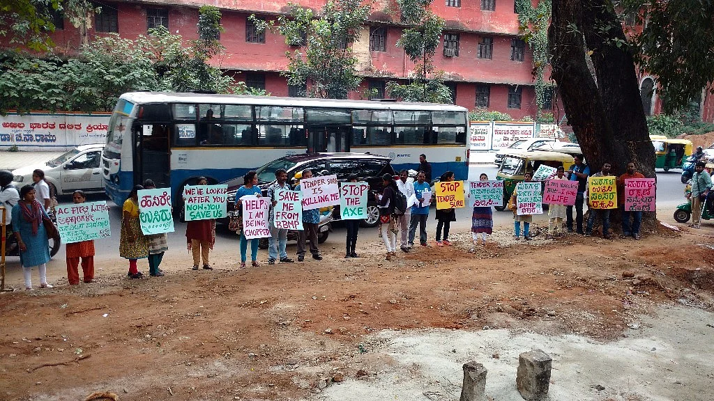 People protesting against tree felling along the Nrupathunga road in Bengaluru. (Photo: Subir Ghosh/ <b>The Quint</b>)