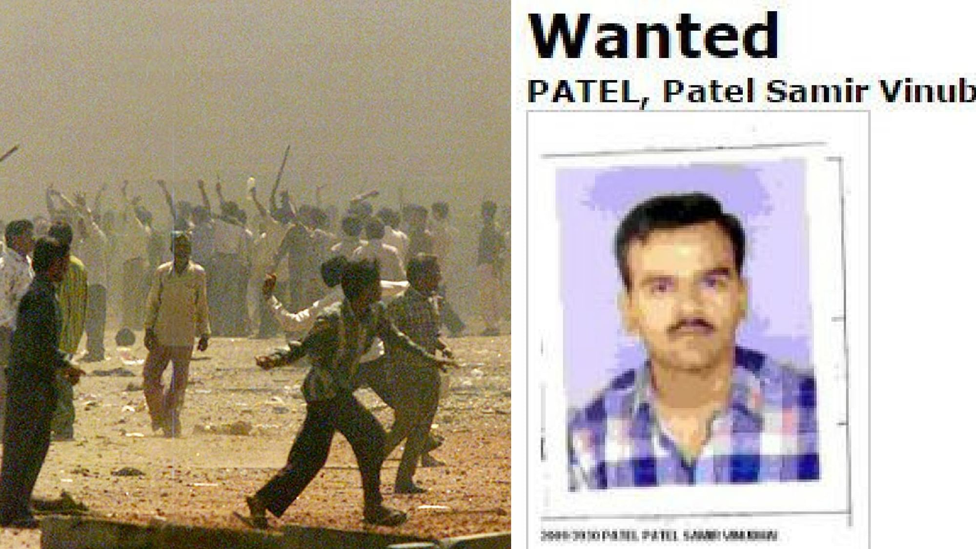 File photo of 2002 Gujarat riots; Samir Vinubhai Patel on CBI wanted List. (Photo: Reuters/<a href="http://cbi.nic.in/rnotice/A-614-3-2009.html">CBI</a>/Altered by <b>The Quint</b>)