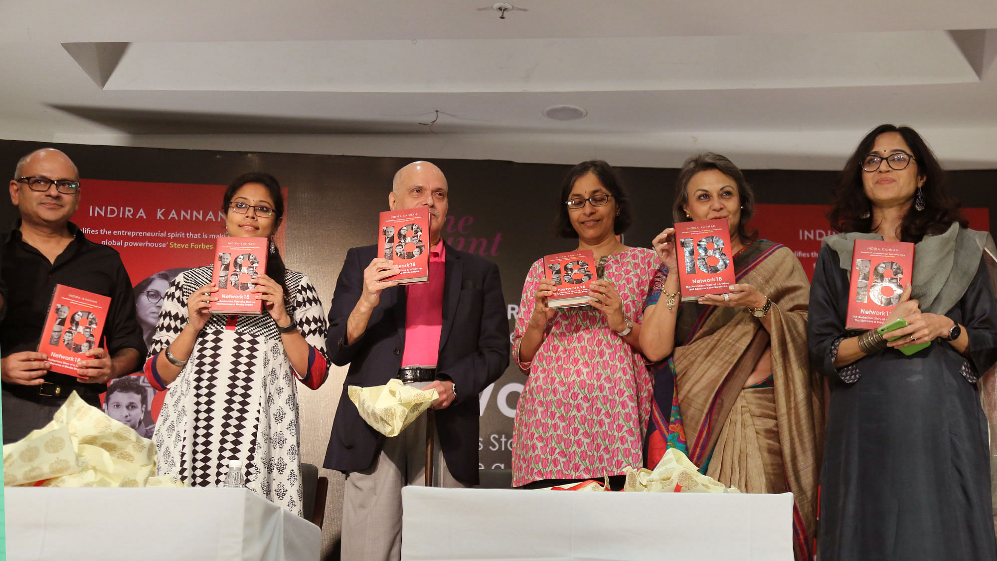 Raghav Bahl, Sanjay Ray Chaudhuri, Indira Kannan, Vandana Malik and Ritu Kapur at the launch of Network18 book. (Photo: <b>The Quint</b>)