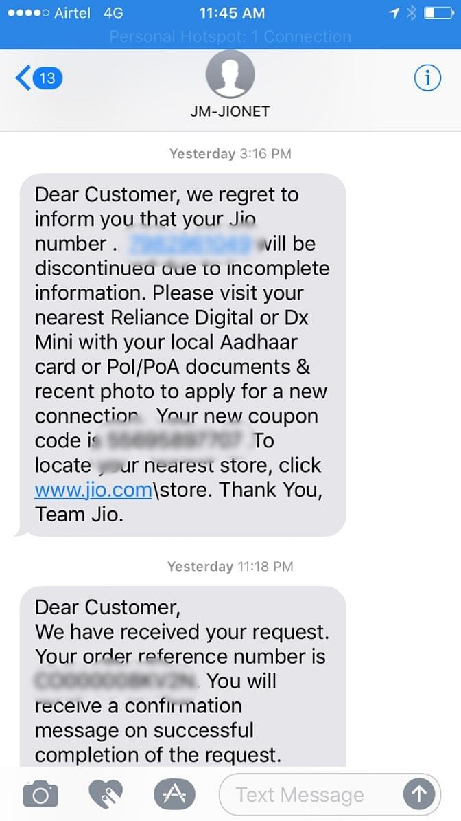 Readers sent over screenshots of an SMS sent by Reliance Jio, asking them to re-verify their ID documents/Aadhaar ID