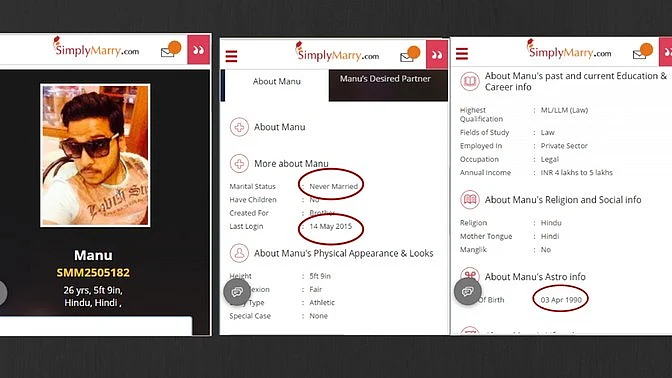The profiles on matrimonial sites show him as “unmarried”. (Photo: The Quint)