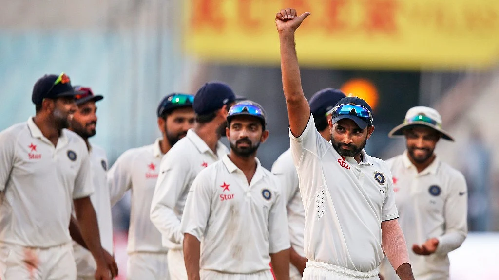 Mohammad Shami reacts after India beats New Zealand by 178 runs in the second Test match at Kolkata. (Photo: AP)