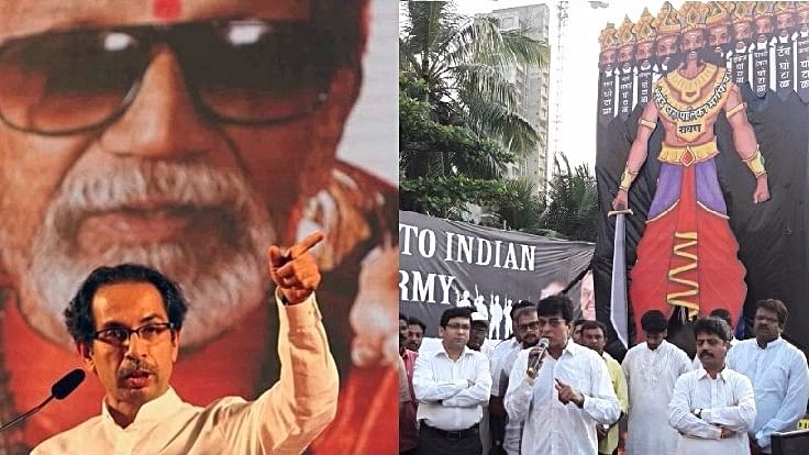 Uddhav Thackeray addressing a Dussehra rally at Shivaji Park in Mumbai; Kirit Somaiya burnt <i>Raavan </i>of corruption in BMC. (Photo courtesy: Kirit Somaiya)