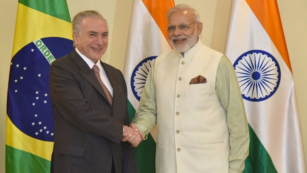 

Prime Minister Narendra Modi and the President of Brazil, Michel Temer,  in Goa on 17 October  2016. (Photo: IANS)