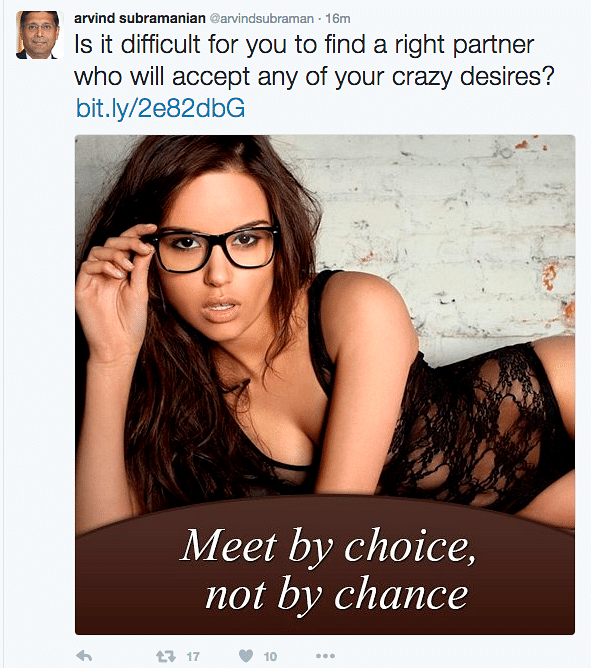 A picture of a porn star was posted from the Twitter account of the Chief Economic Advisor Arvind Subramnian.