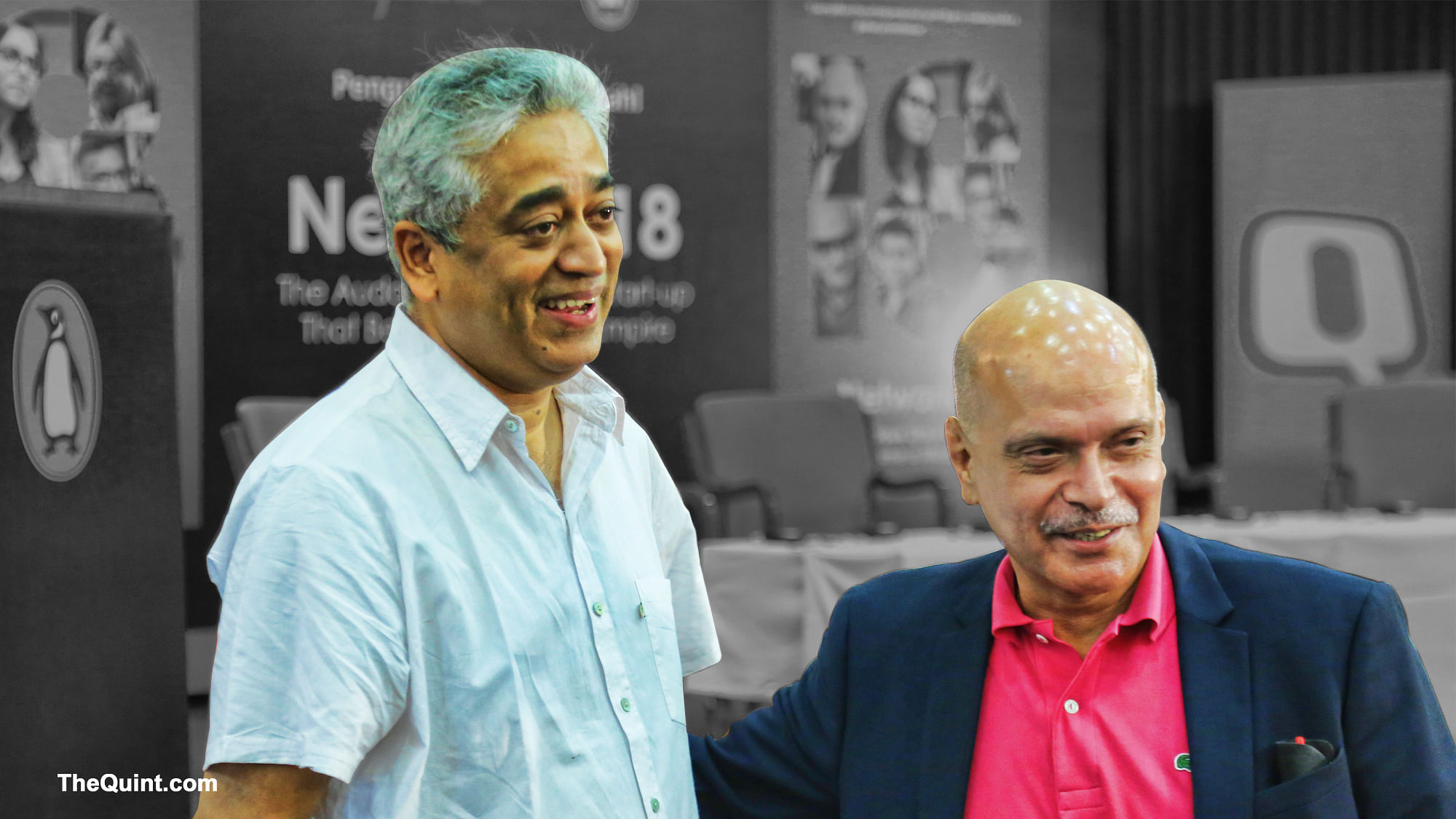 Rajdeep Sardesai and Raghav Bahl at the book launch (Photo: <b>The Quint</b>)