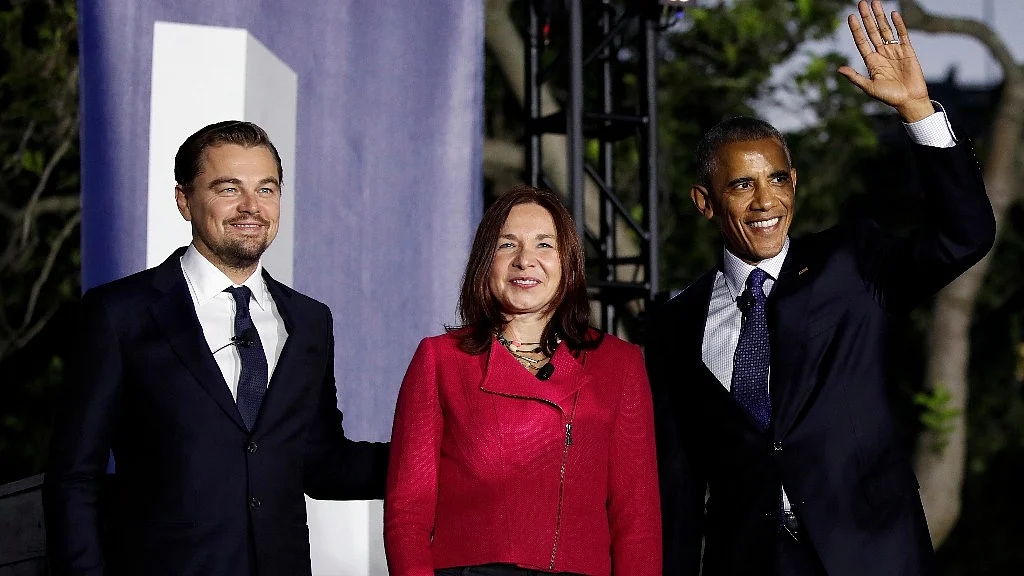 President Barack Obama arrived with actor Leonardo DiCaprio and Dr Katharine Hayhoe, to talk about climate change as part of the White House South by South Lawn event in Washington on 3 Oct, 2016. (Photo: AP)