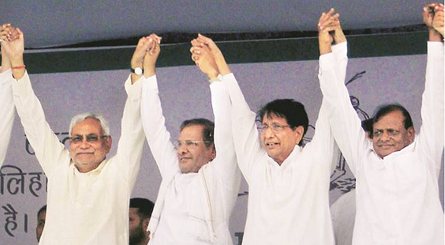 Nitish Kumar, Sharad Yadav and Ajit Singh at a rally in Baghpat on Tuesday. (File Photo: PTI)