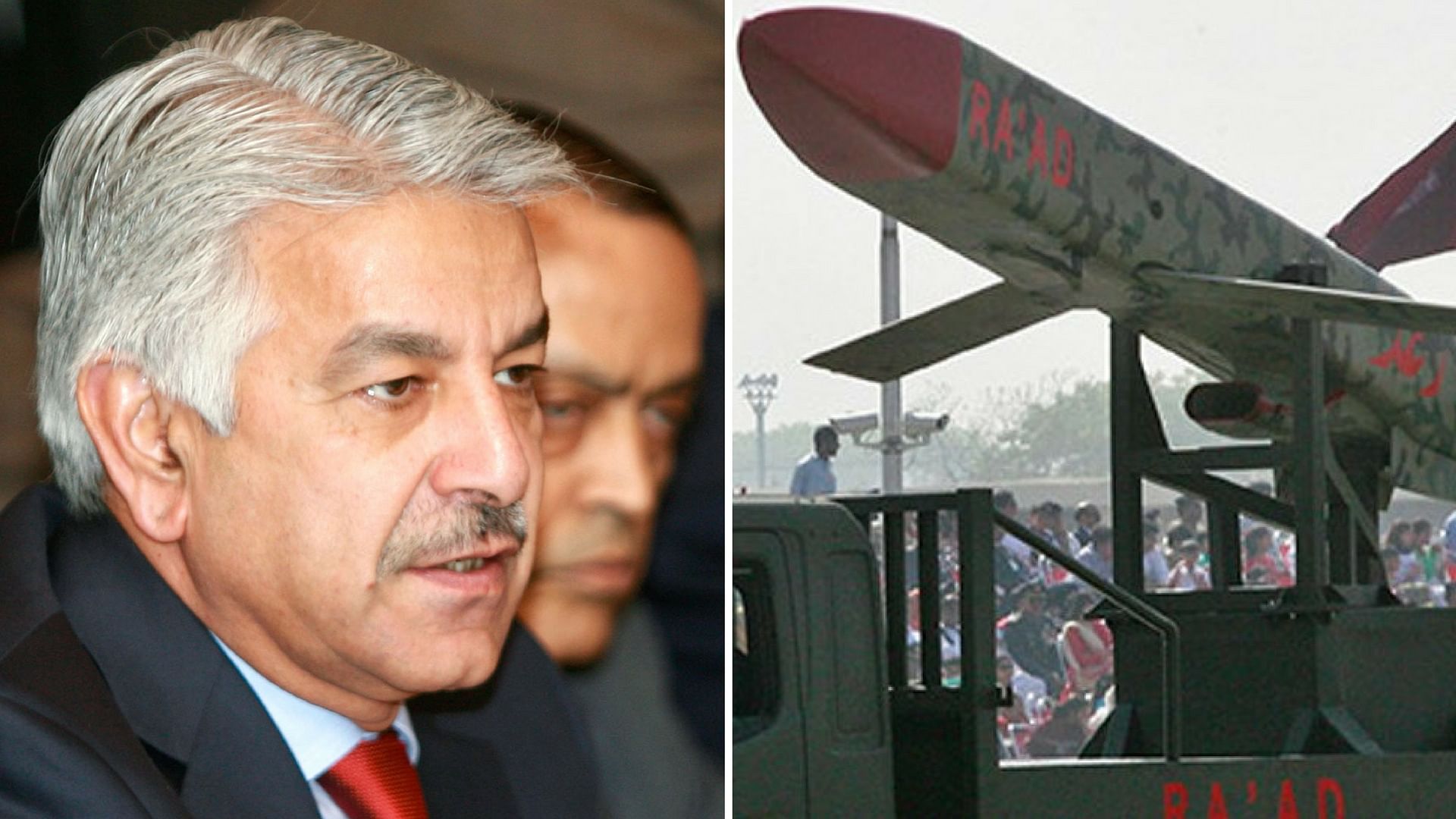 Pakistan Defence Minister Asif (L) and Pakistan’s nuclear-capable air-launched “Ra’ad” cruise. (Photo: Altered by <b>The Quint</b>)