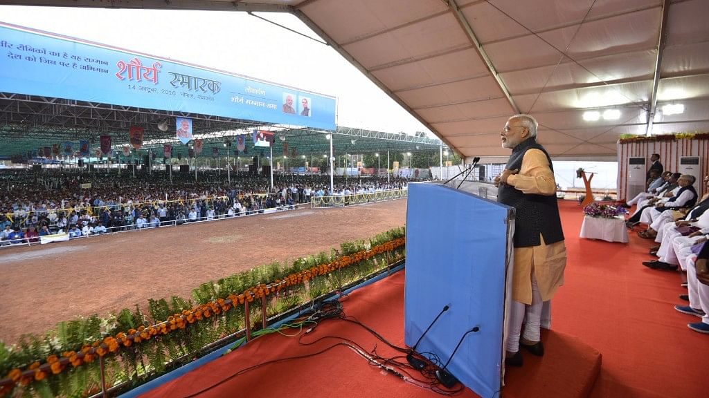 

Prime Minister Narendra Modi addresses during the Ex Servicemen Public meeting in Bhopal on 14 October 2016. (Photo: IANS)
