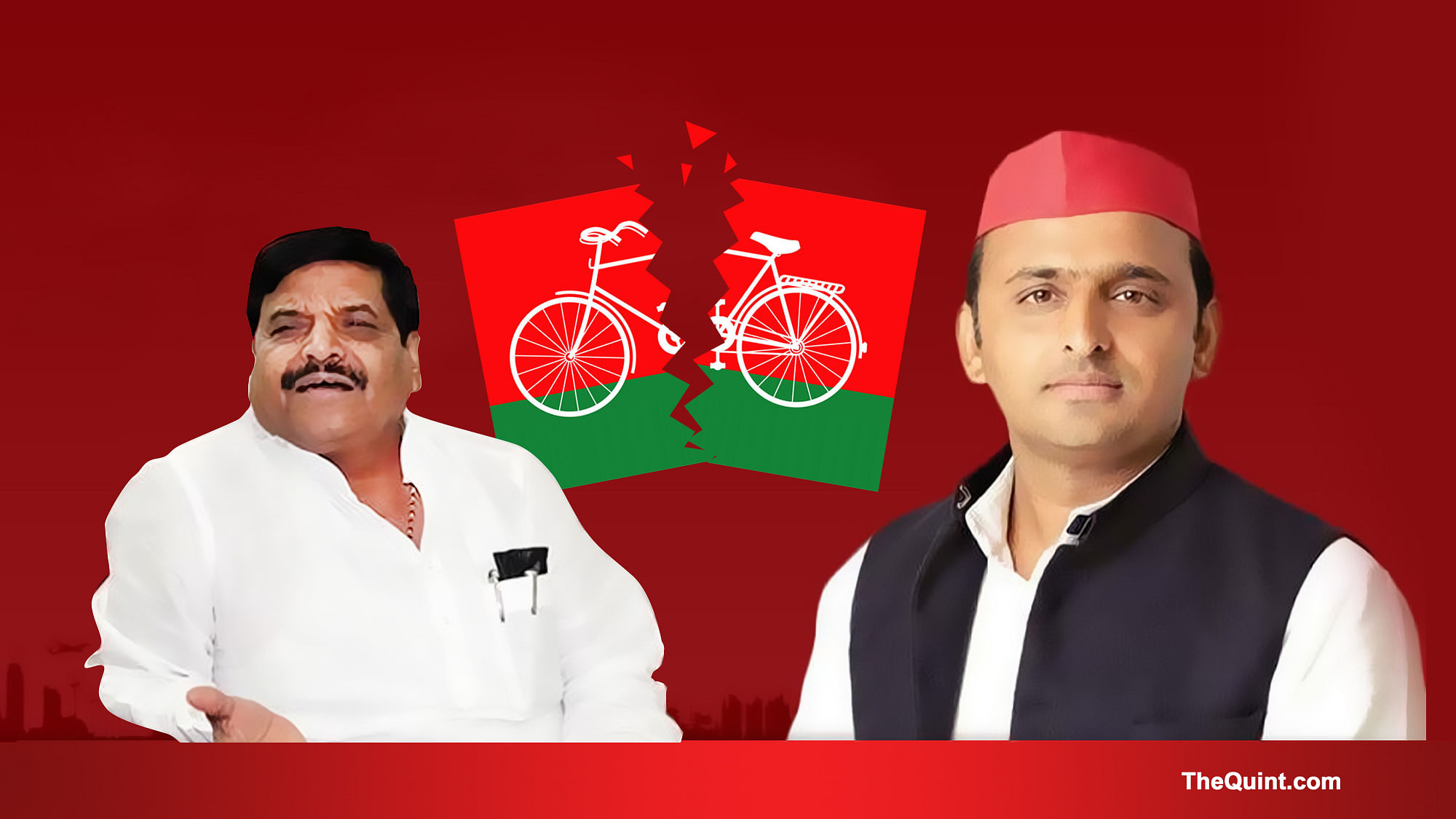 The vertical rift in the Samajwadi Party is now out in the open. (Photo: <b>The Quint</b>)