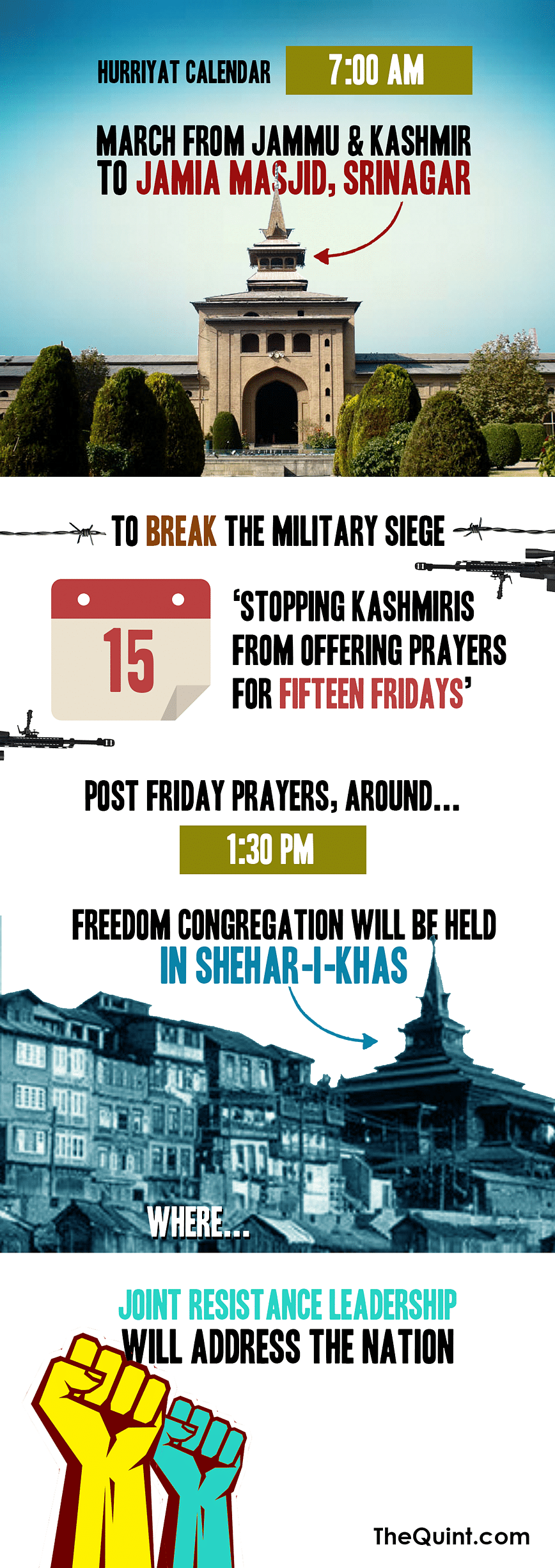 Hurriyat calls to march to Jamia Masjid in Srinagar to break military siege. It has been closed for 15 weeks.