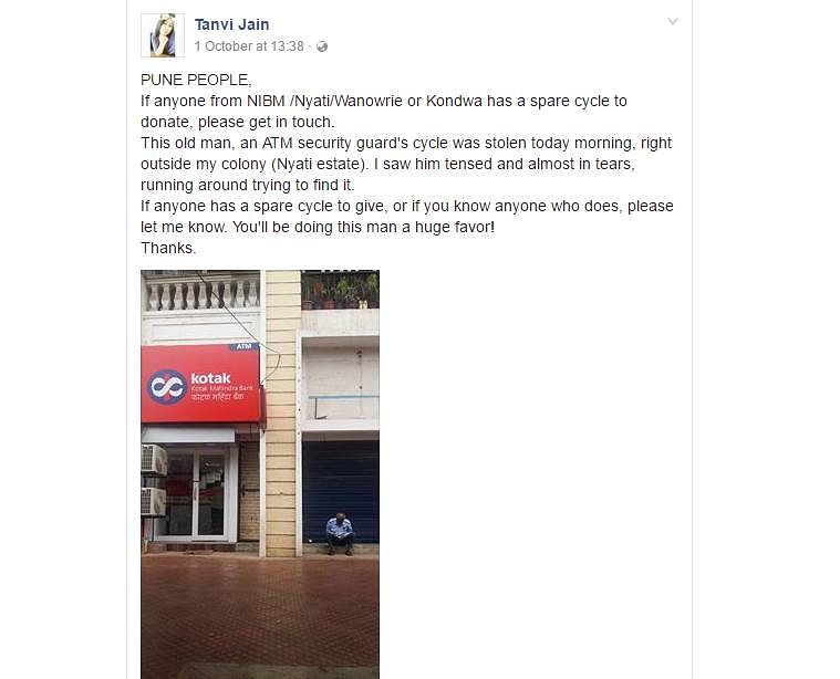 After Tanvi Jain posted on Facebook about the guard whose bike was stolen, help and appreciation poured in 