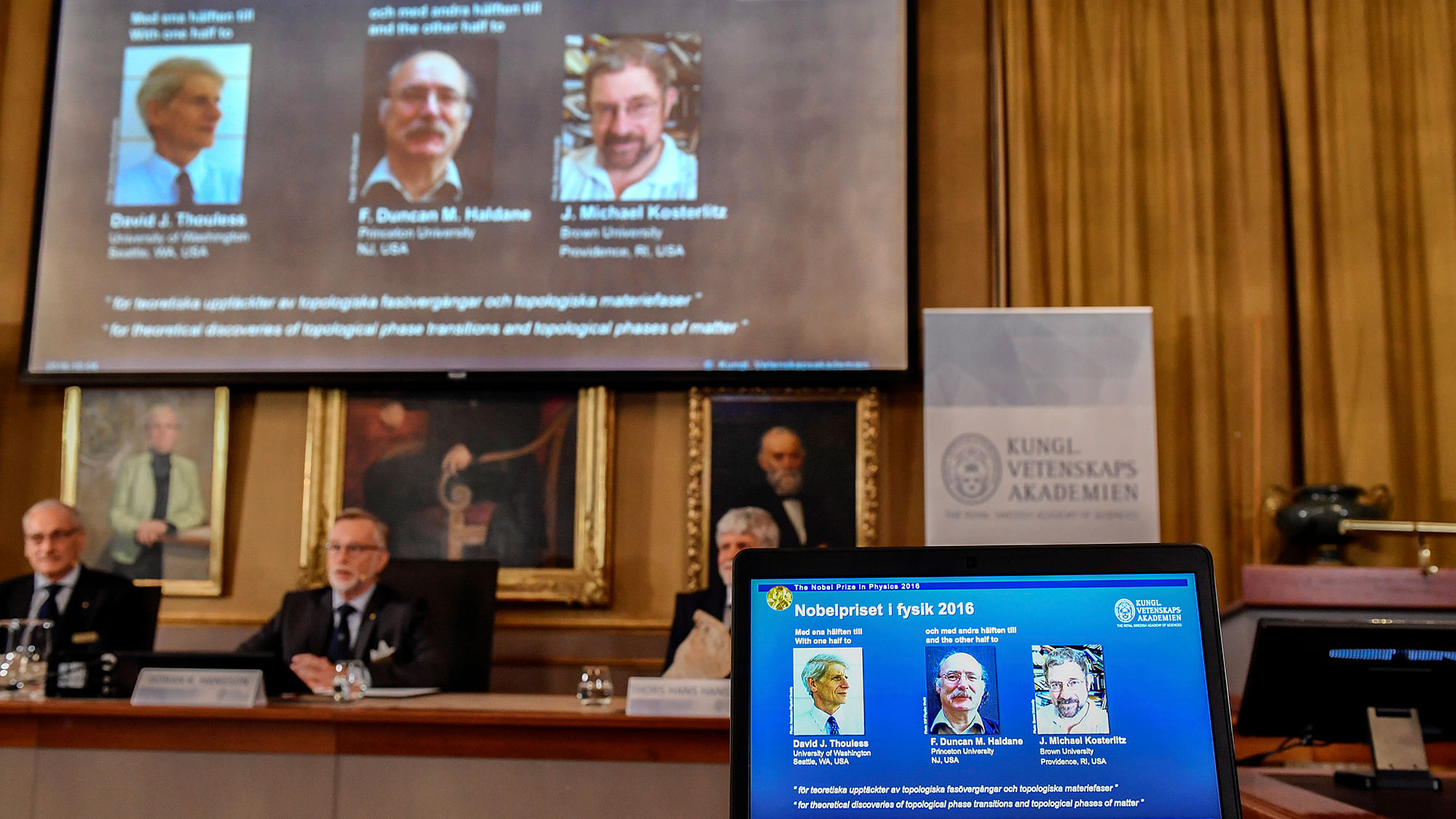 The Royal Academy of Sciences members, (from left) Professor Nils Martensson, Professor Goran K Hansson and Professor Thomas Hans Hansson reveal the winners of the Nobel Prize in Physics, at the Royal Swedish Academy of Sciences, in Stockholm, Sweden on Tuesday. (Photo: AP)