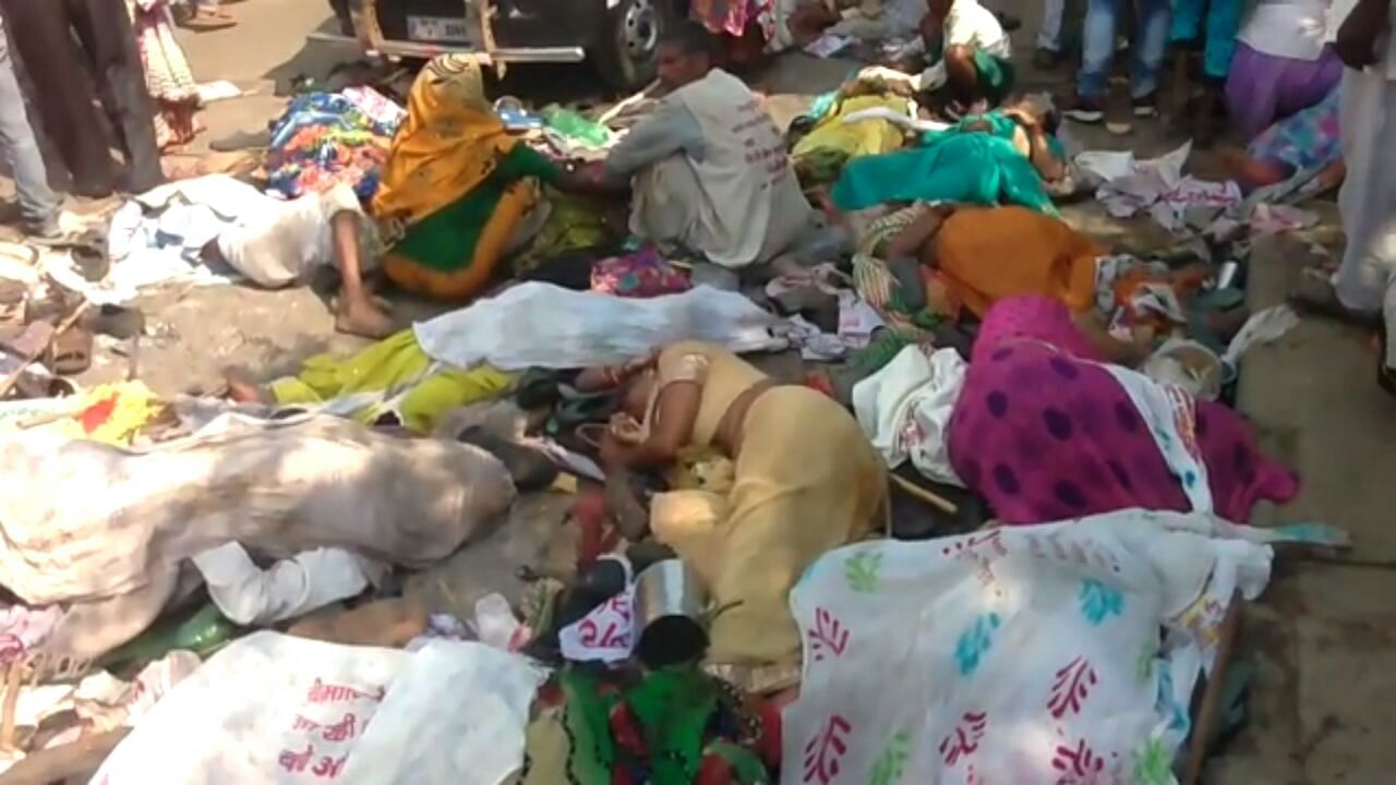  The bodies of the pilgrims who were killed in a stampede during a religious procession at the Rajghat bridge in the Ramnagar area of Varanasi on Saturday. (Photo: IANS)