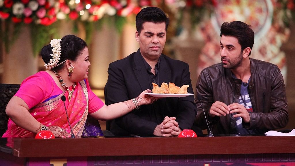 Bharti Singh, Karan Johar and Ranbir Kapoor during the show. (Photo courtesy: Colors)