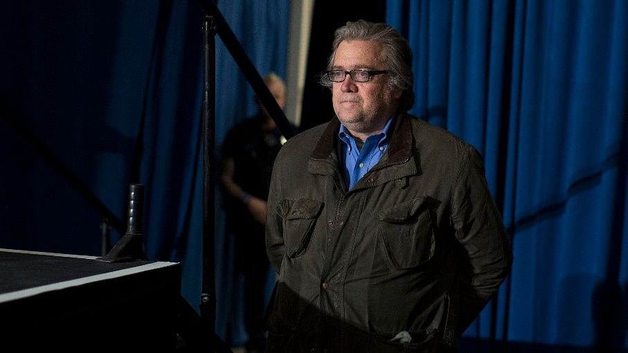 In this 5 Novemeber 2016 file photo, Stephen Bannon, the then campaign CEO for Donald Trump, looks on as Trump speaks during a campaign rally in Denver. (Photo: AP)