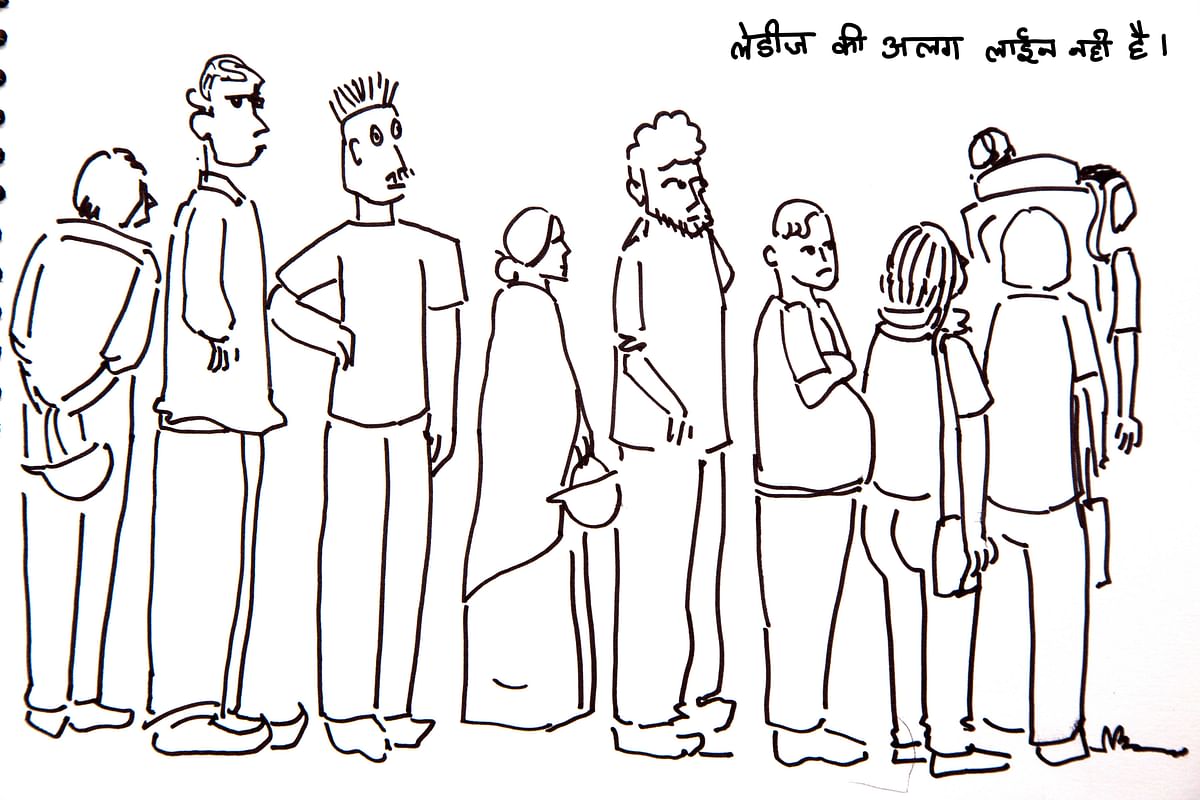 A story through sketches, illustrating the lives of people in queues outside banks and ATMs.