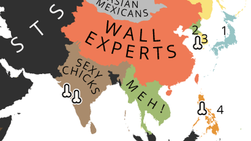 The World According to Donald Trump by Yanko Tsvetkov. (Image Courtesy: <a href="https://atlasofprejudice.com/the-world-according-to-donald-trump-b7ba72c7e38e#.x95pszjft">Atlas of Prejudice</a>)