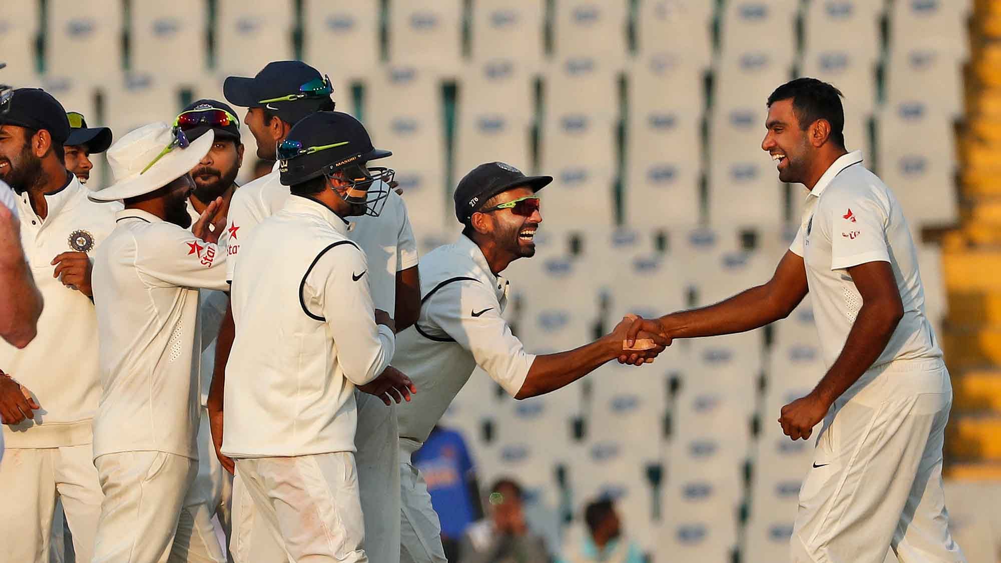 Ashwin his congratulated by Ajinkya Rahane for taking a wicket on Day 3 of the Mohali Test. (Photo: BCCI)